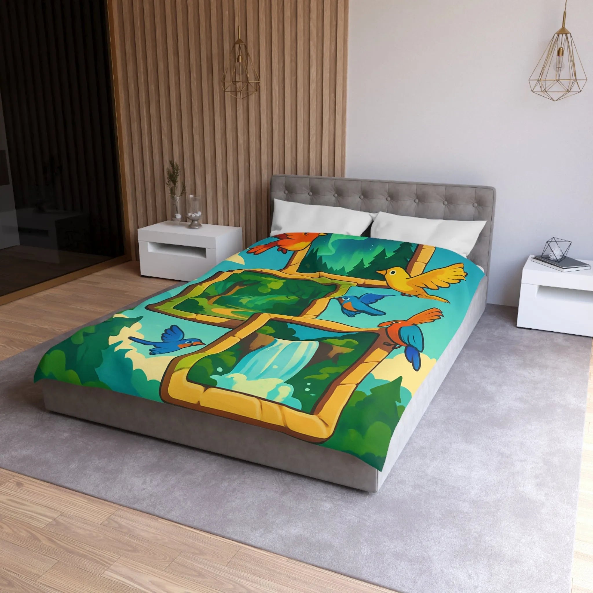 Housse de couette colorée avec oiseaux et scènes de nature paisible et dynamique