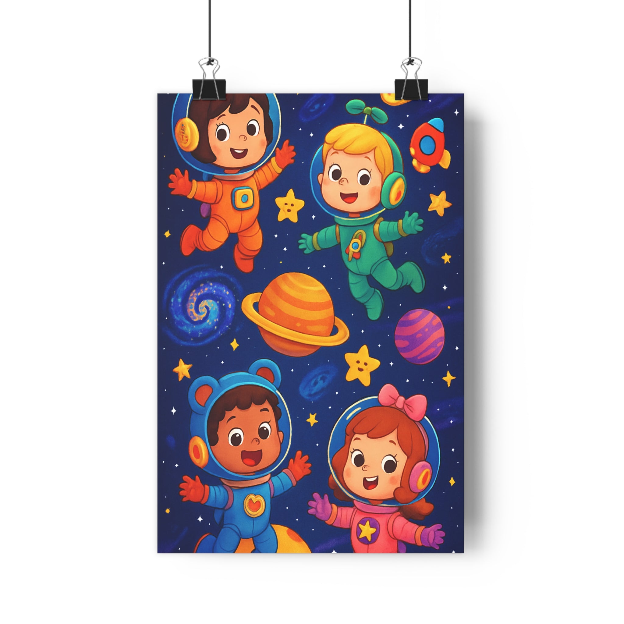 Poster décoratif enfant chambre aventure joyeux coloré bleu cartoon spatial galactique ludique étoiles planètes