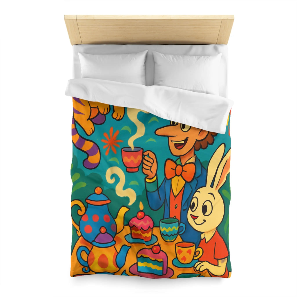 Housse de couette colorée avec scène de thé joyeuse inspirée d'un conte fantaisiste