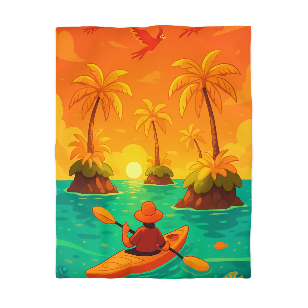 Housse de couette tropicale vibrante avec kayak, palmiers et perroquets au coucher de soleil