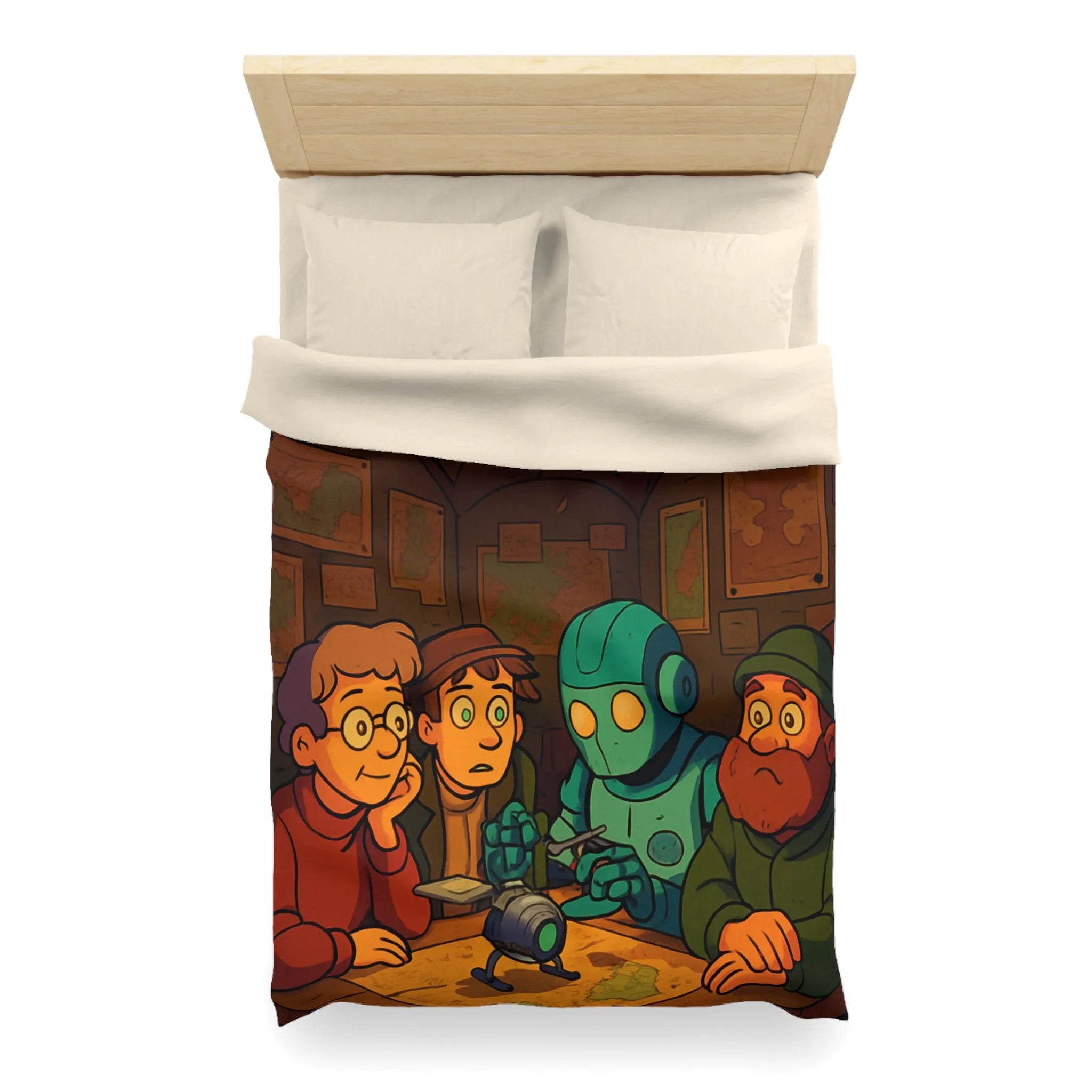 Housse de couette avec scène animée de nuit, stratégie autour de cartes et robot