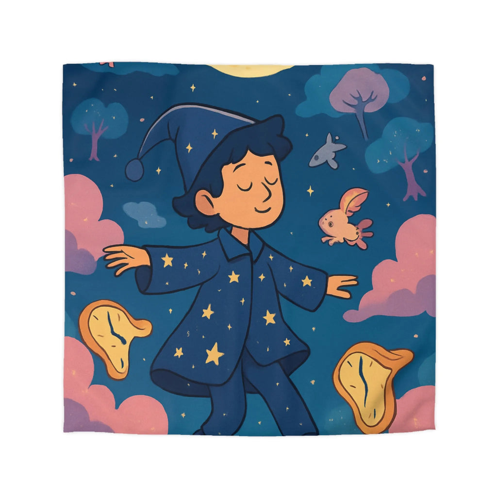 Housse de couette magique avec sorcier enfant rêvant de créatures volantes lunaires