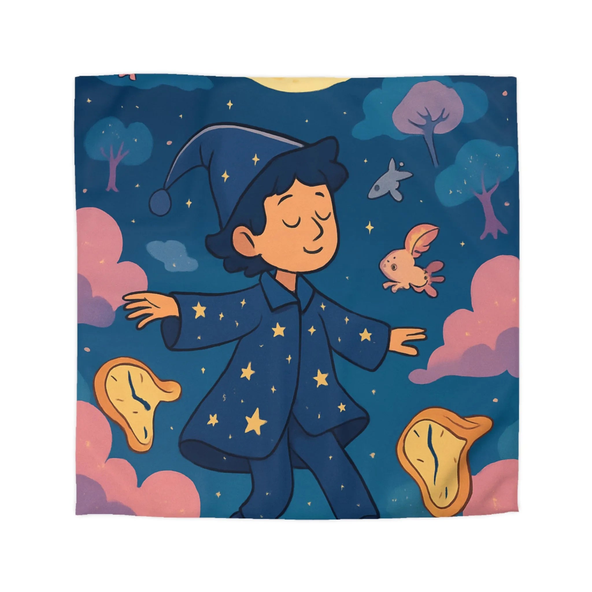 Housse de couette magique avec sorcier enfant rêvant de créatures volantes lunaires