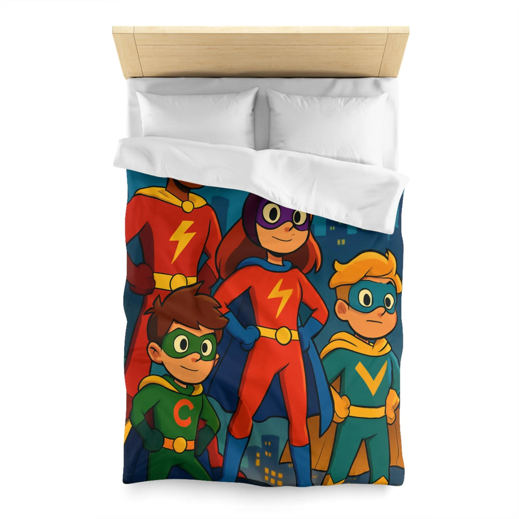 Housse de couette colorée super-héros pour enfants avec scène urbaine lumineuse et joyeuse
