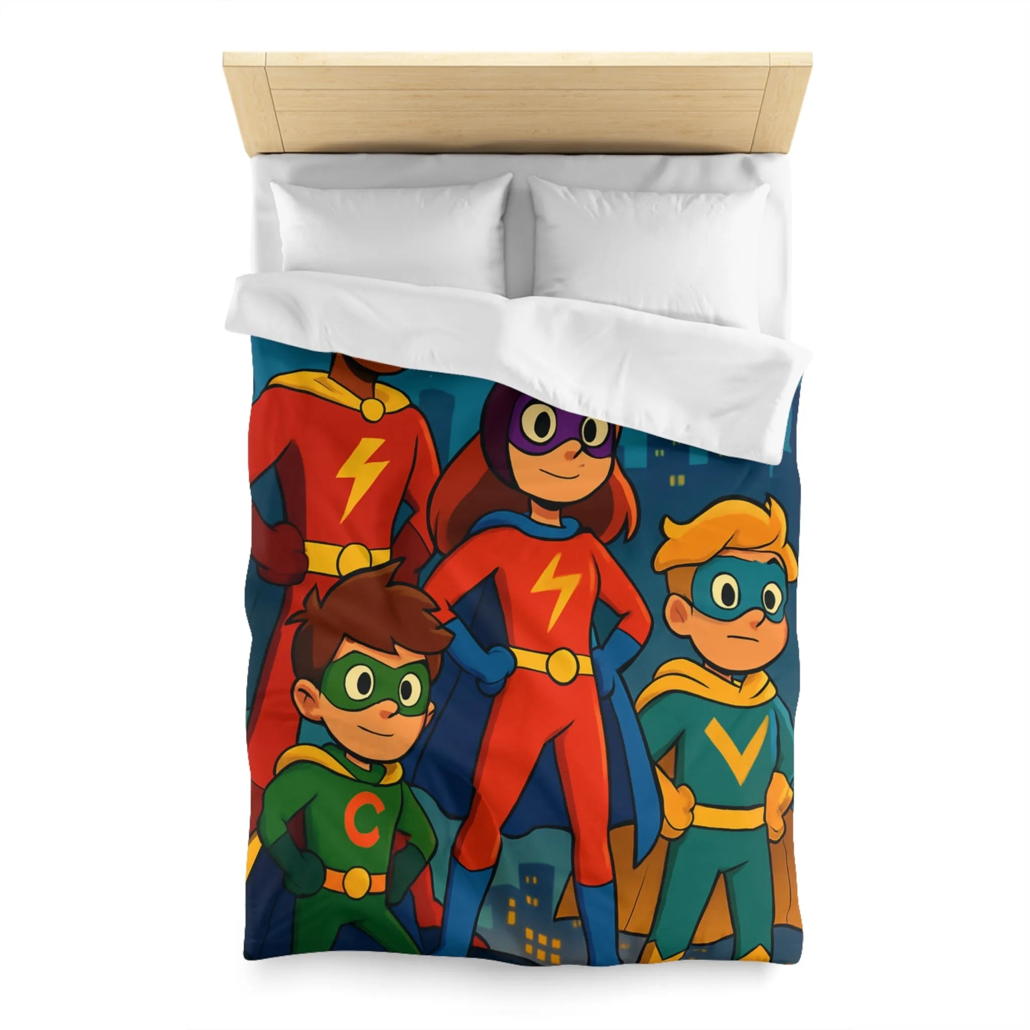 Housse de couette colorée super-héros pour enfants avec scène urbaine lumineuse et joyeuse
