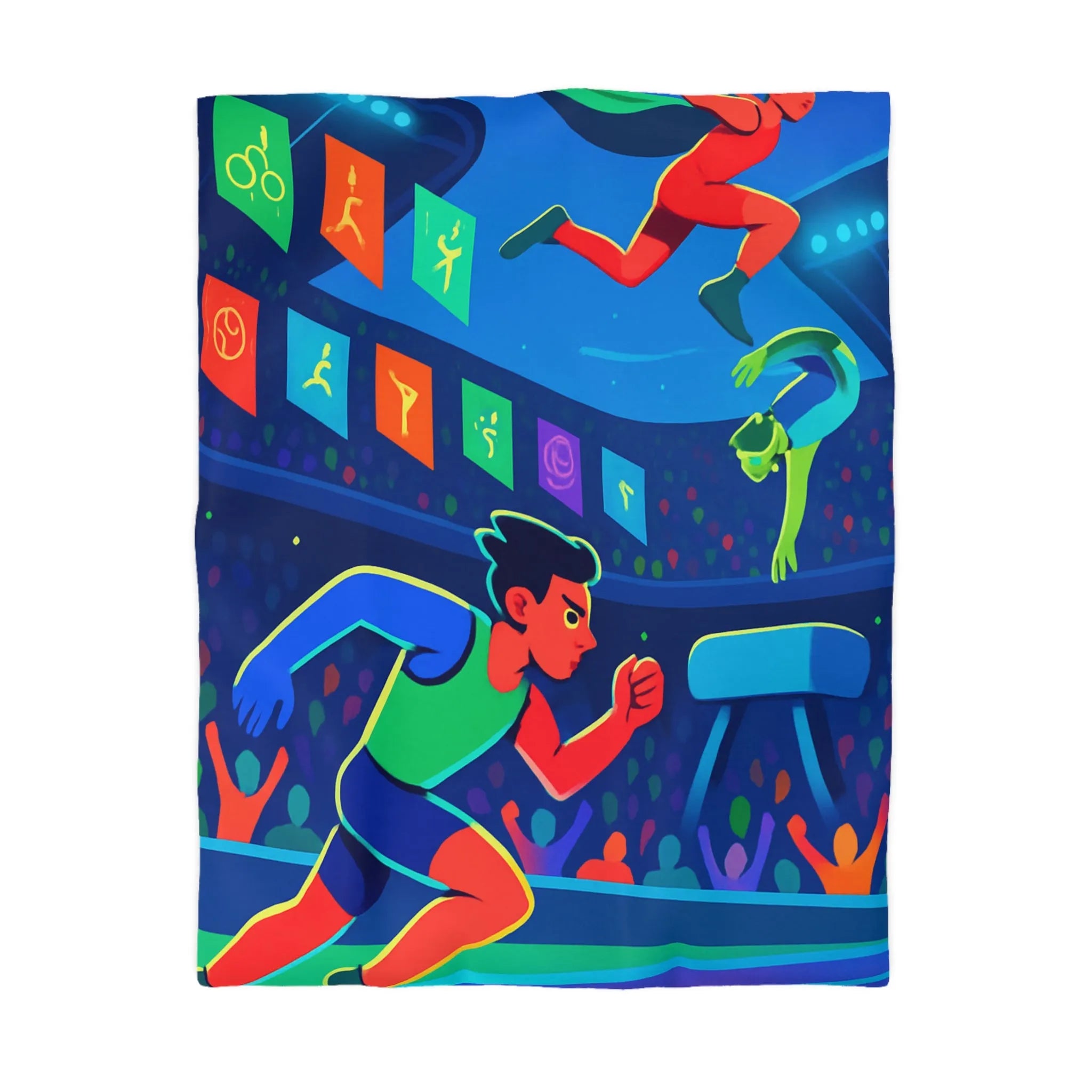 Housse de Couette Artistique avec Athlètes Colorés dans un Stade Saisissant de Nuit