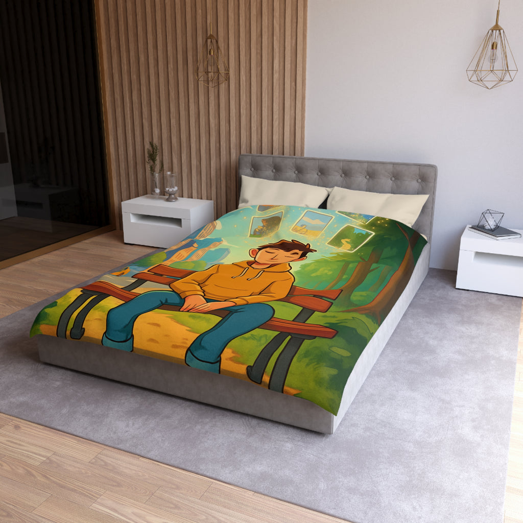 Housse de couette rêveuse garçon banco bois cartes illuminées parc illustré nature