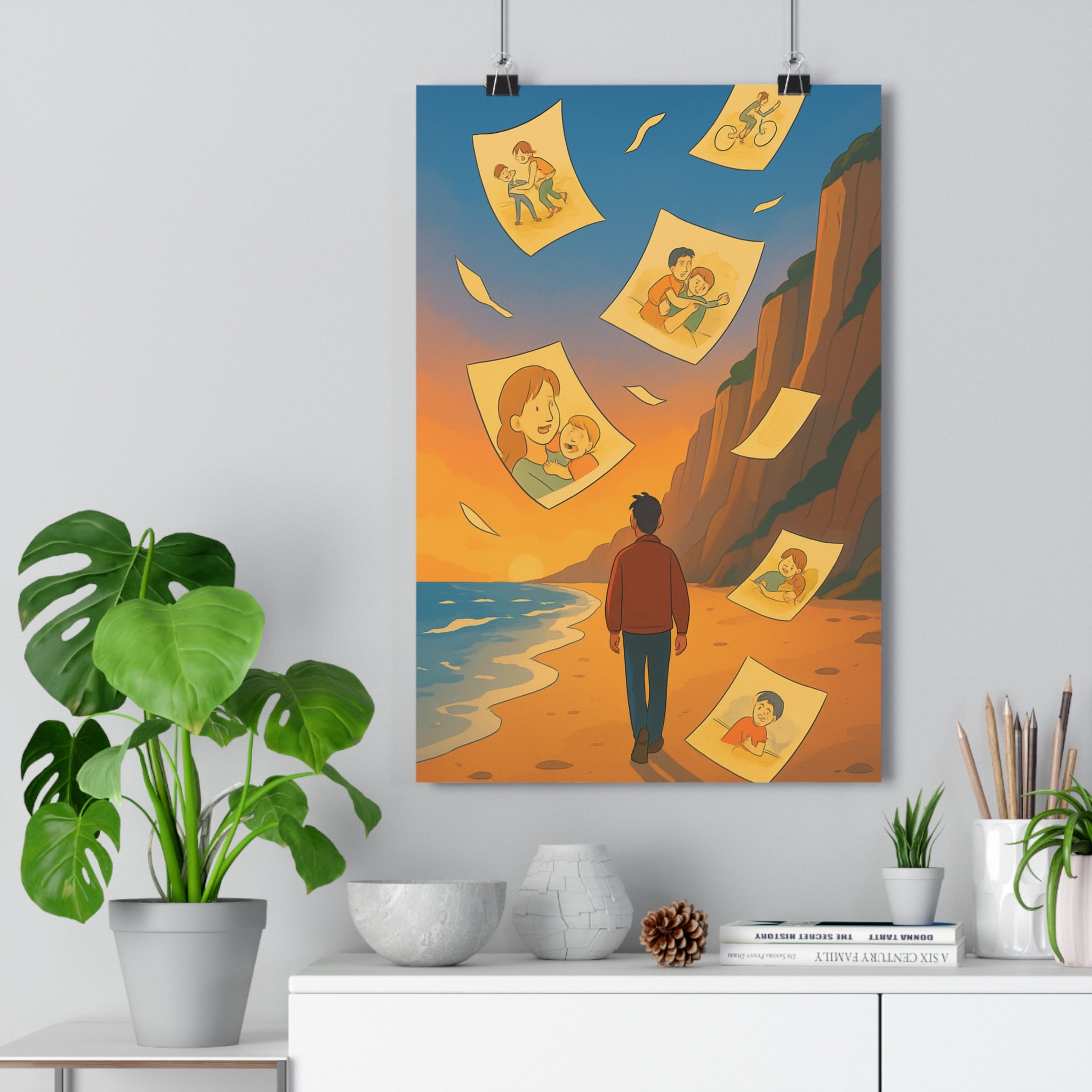 Poster décoratif dessin animé couleurs apaisantes nostalgique serein plage coucher soleil chambre bureau ambiance