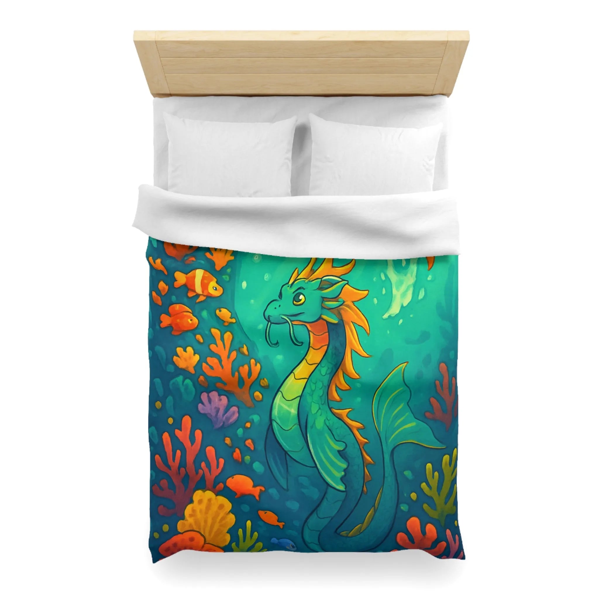 Housse de couette avec dragon marin et poissons dans des eaux colorées vibrantes