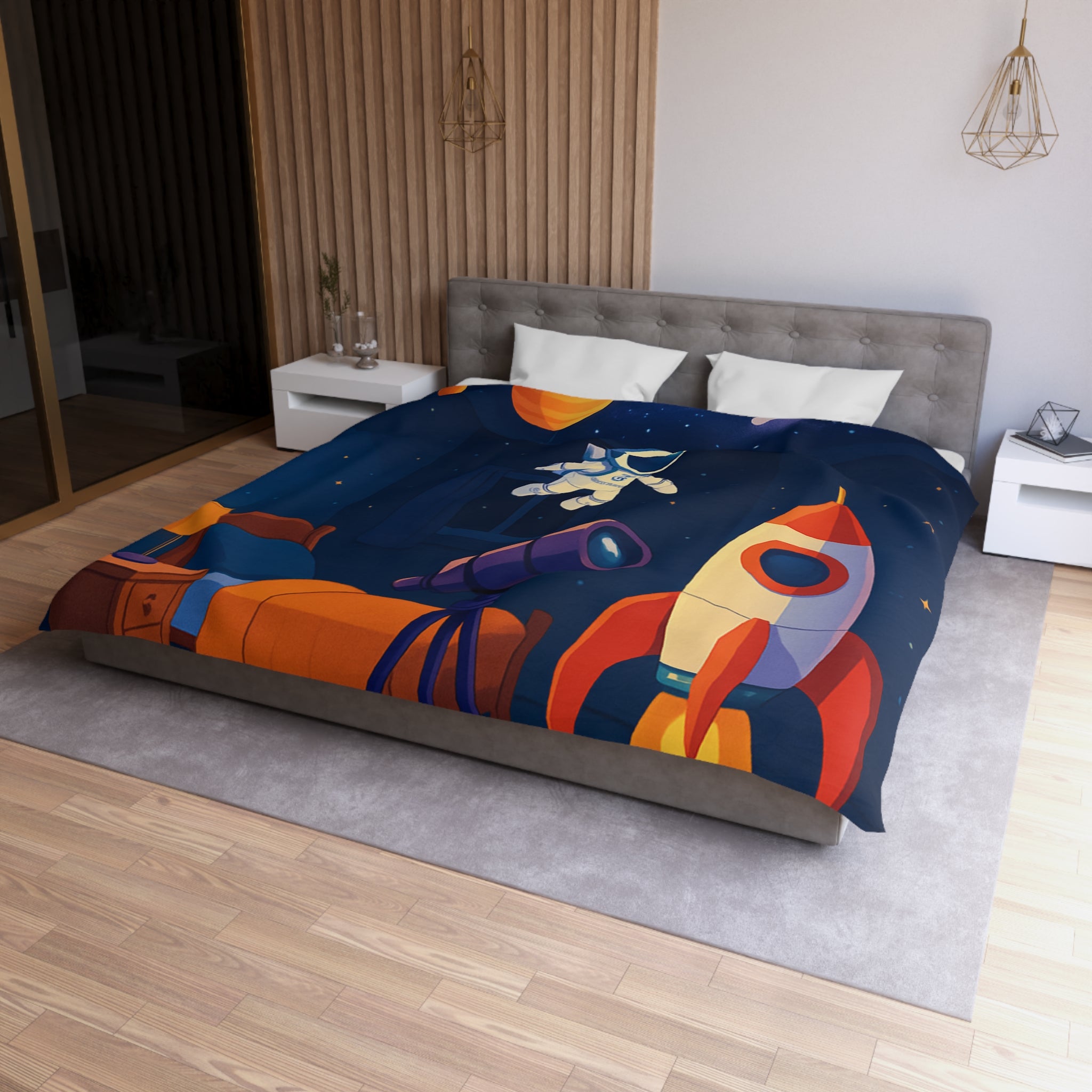Housse de Couette Spatiale Enfant avec Astronaute Fusée et Planètes Colorées