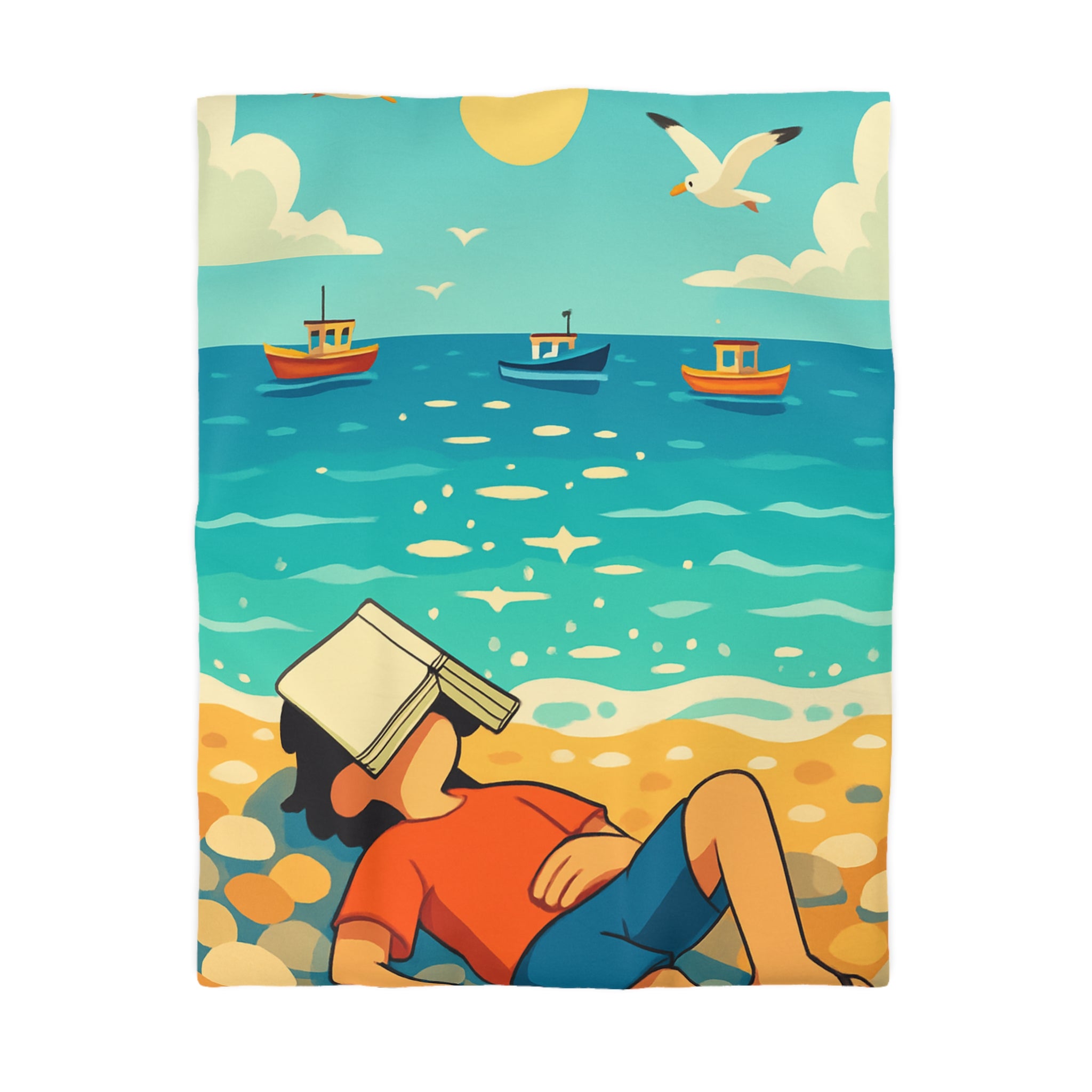 Housse de couette plage relaxante avec enfant, livre et mouettes en été ensoleillé