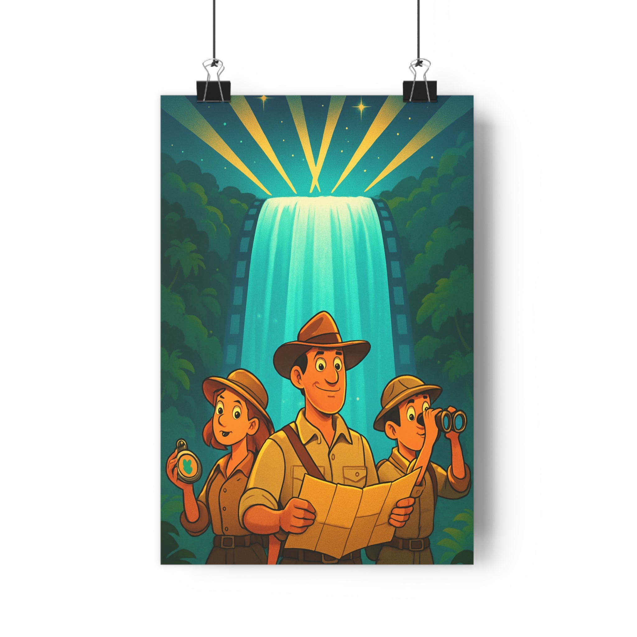 Poster décoratif aventure explorateurs cascade lumineuse dynamique bureau salle jeux coloré 30x46 cm qualité