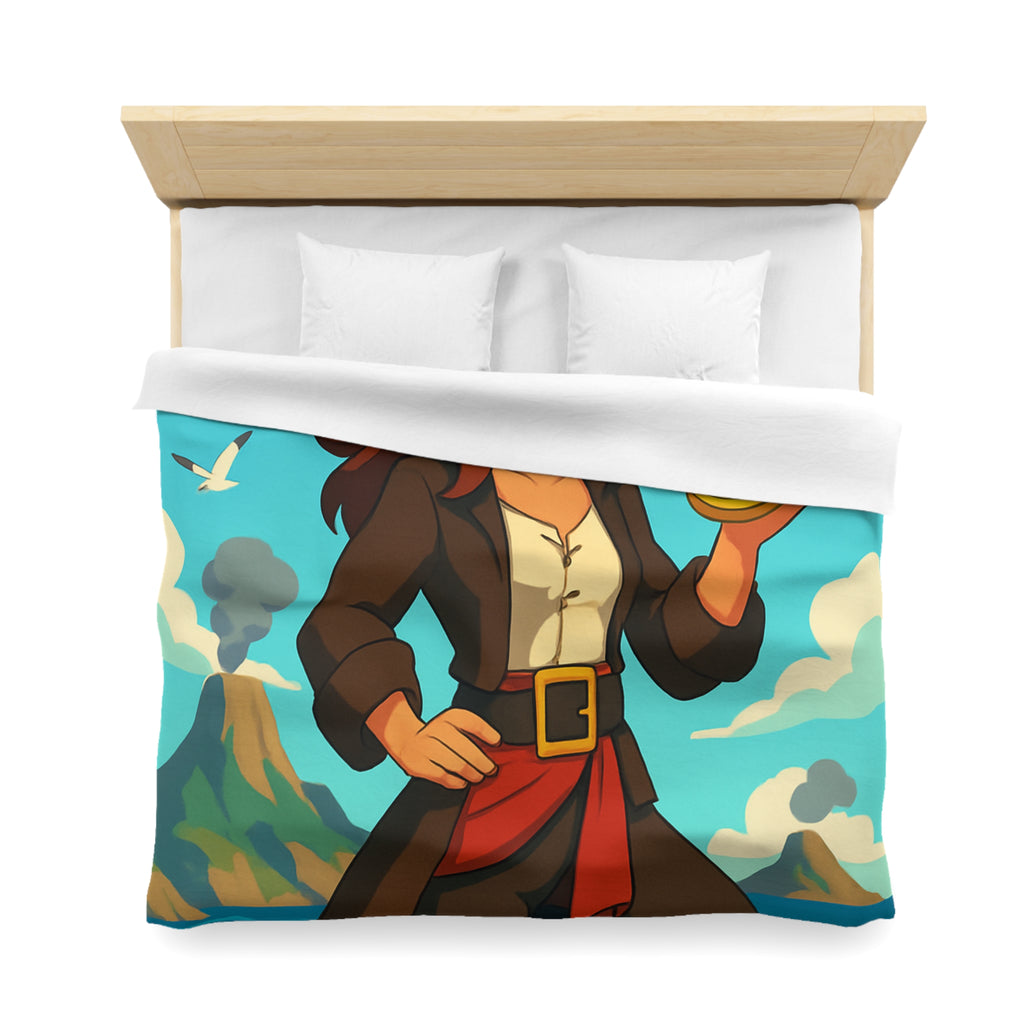 Housse de couette piraterie avec paysage maritime et aventurière avec boussole