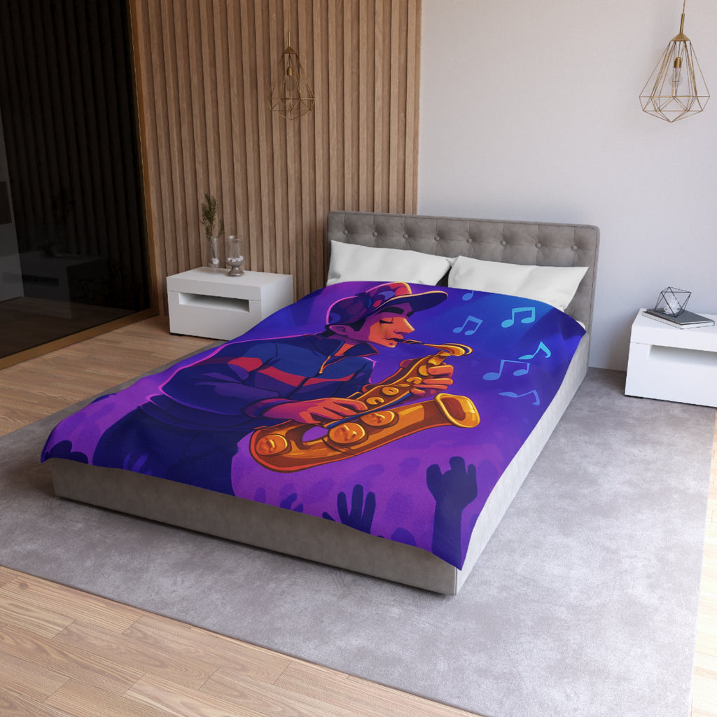 Jazz nocturne vibrant avec joueur de saxophone énergique sous lumières colorées et musique entraînante