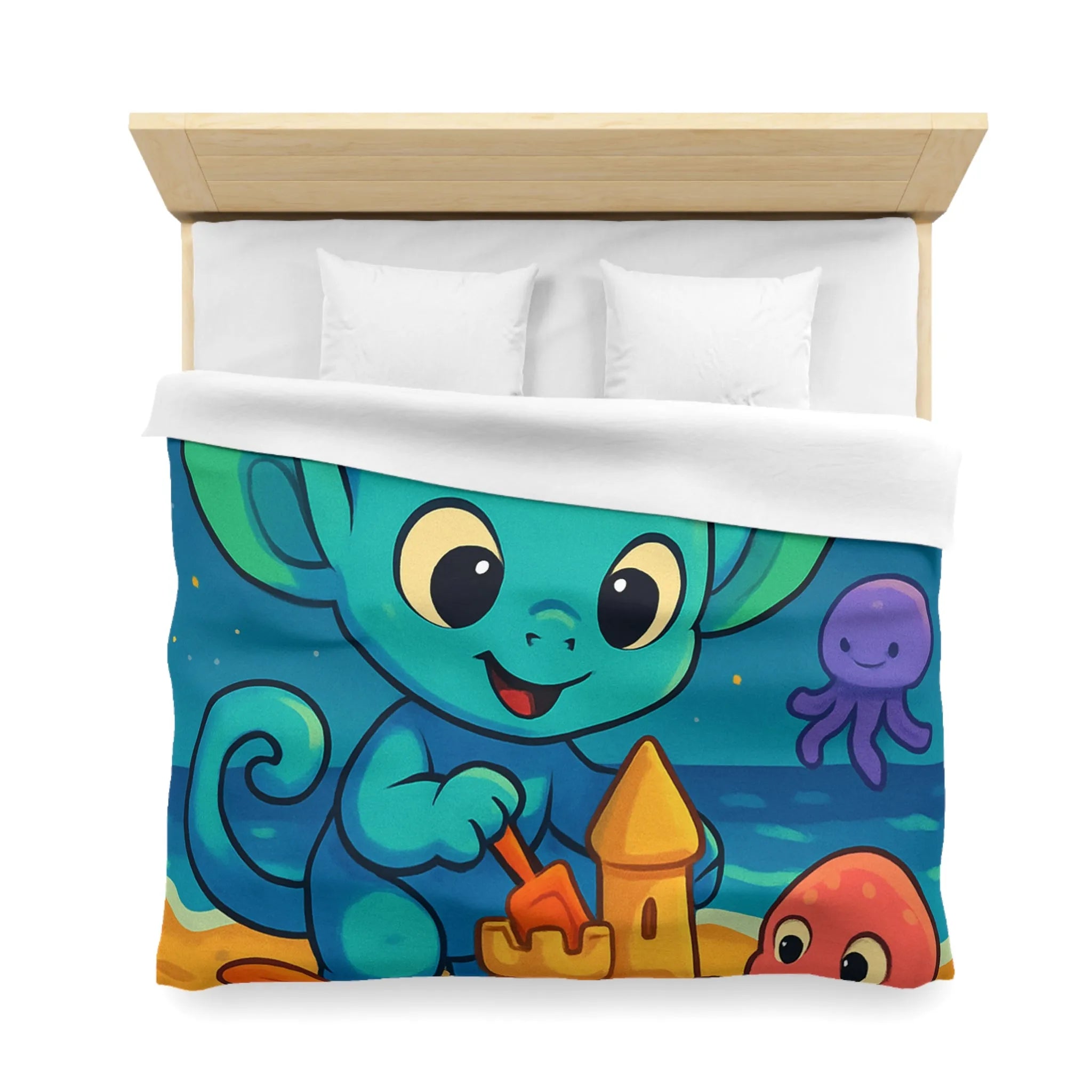 Housse de couette enfant avec créature bleue construisant un château de sable amusant