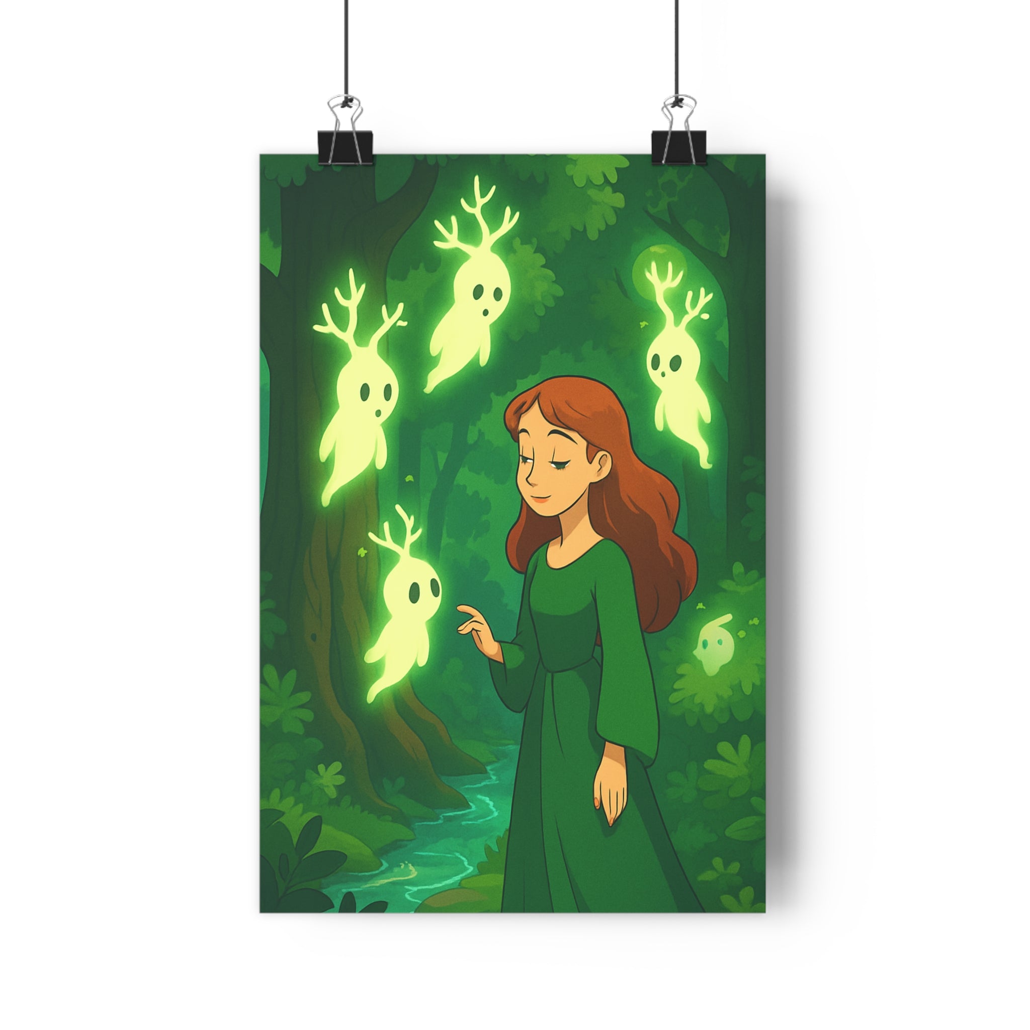 Poster décoratif fantastique émeraude rouge forêt magique salon chambre apaisant illustration aventure ruisseau qualité