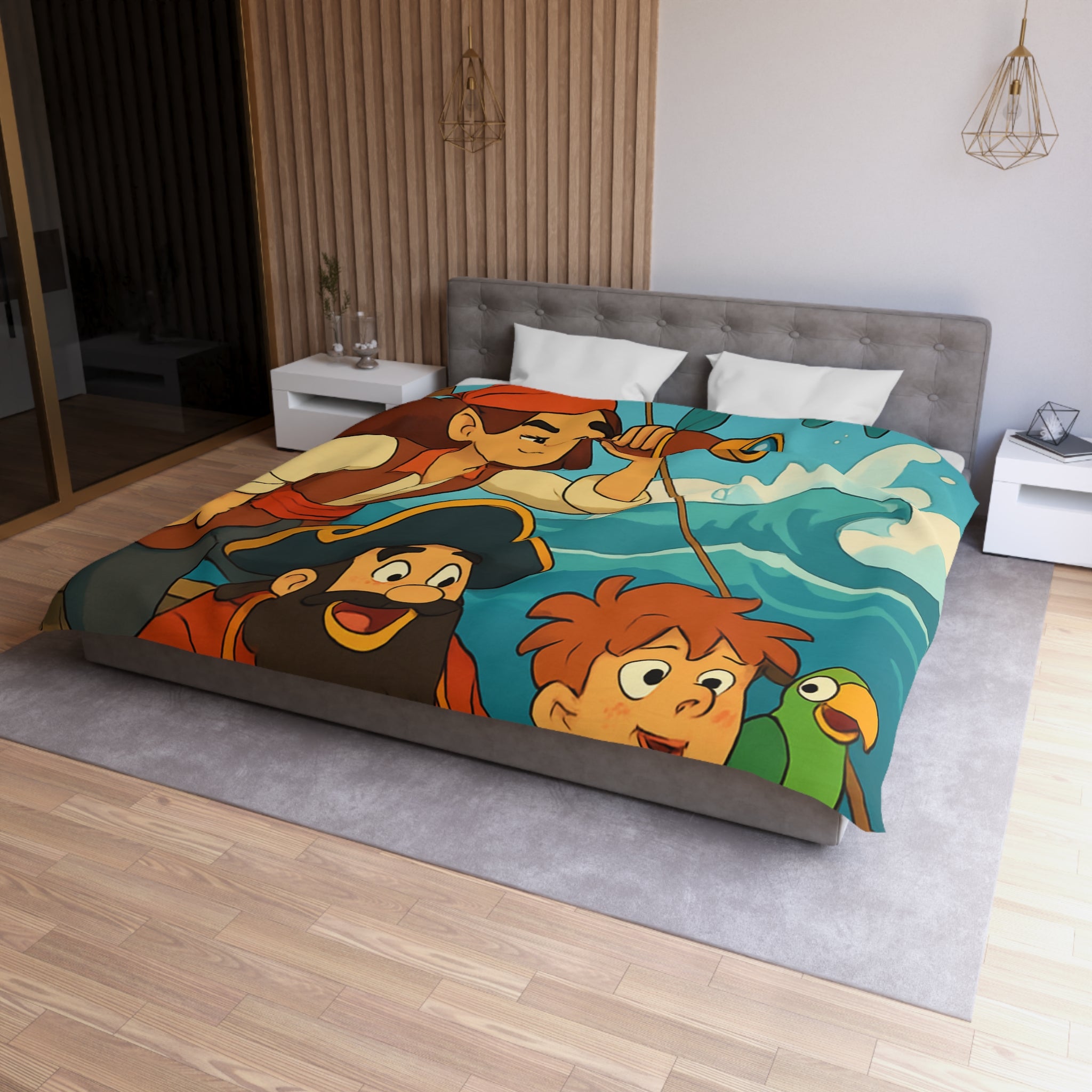 Housse de couette pirate avec poisson doré et personnages aventuriers sur l'océan