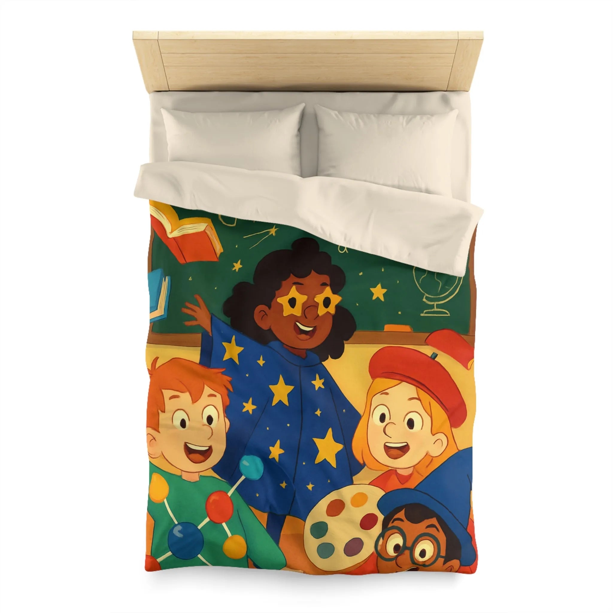 Housse de couette éducative colorée avec enfants et univers de l'apprentissage joyeux