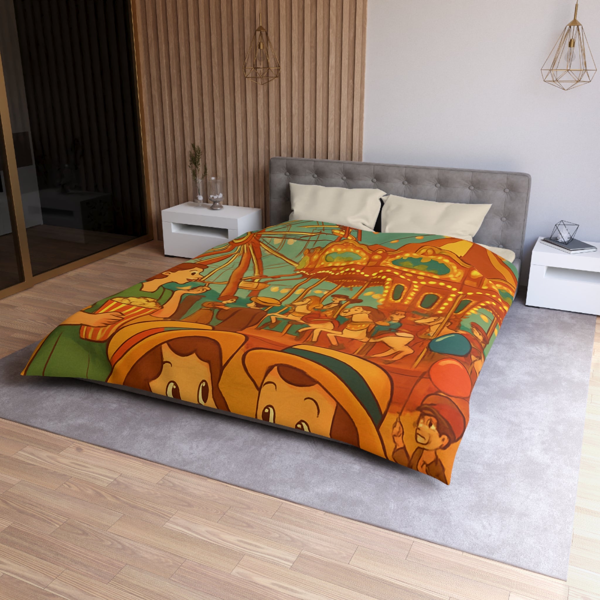 Housse de Couette Vintage Enfants et Fête Foraine avec Ballons, Manège et Grande Roue