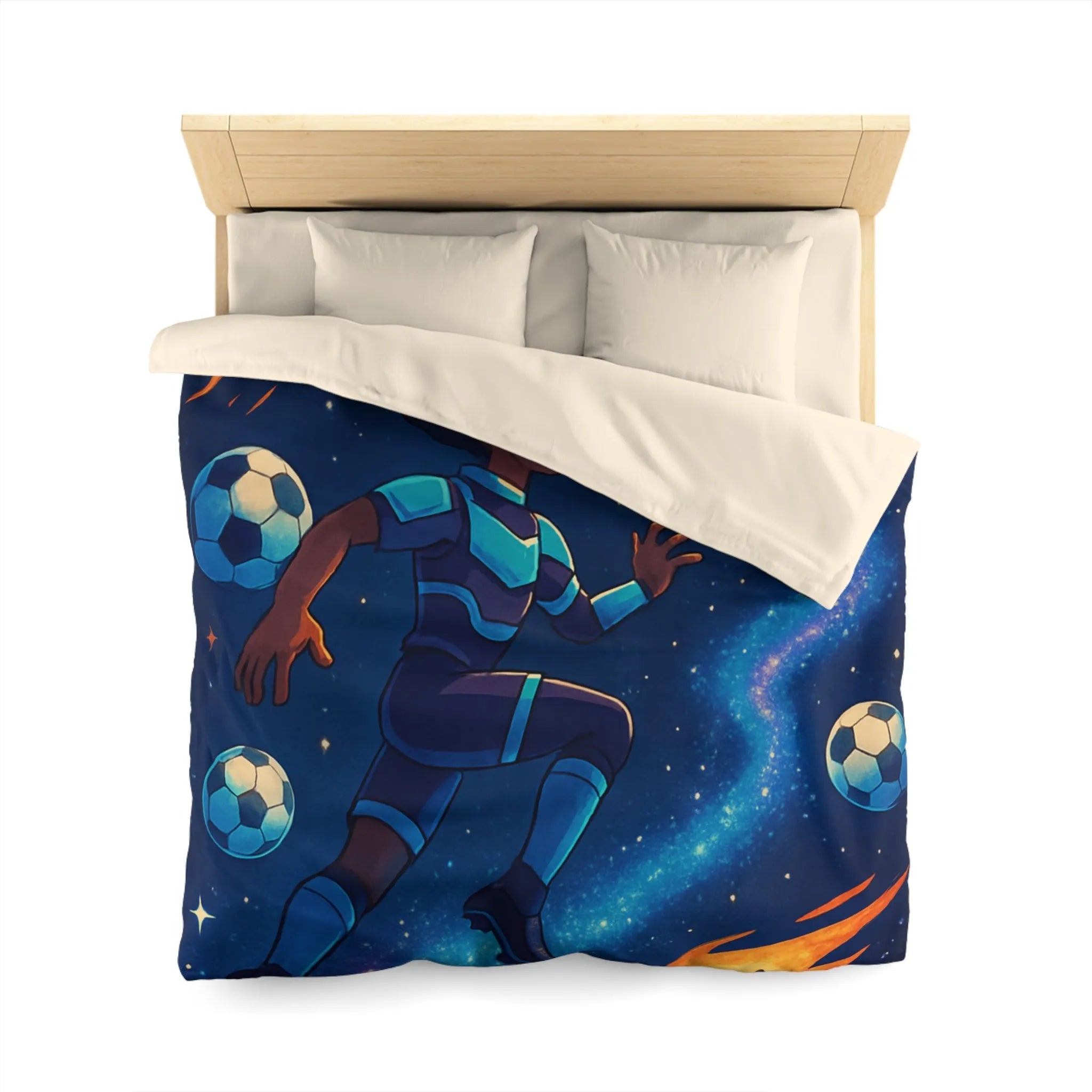 Housse de couette espace football pour enfants, avec joueurs et ballons colorés