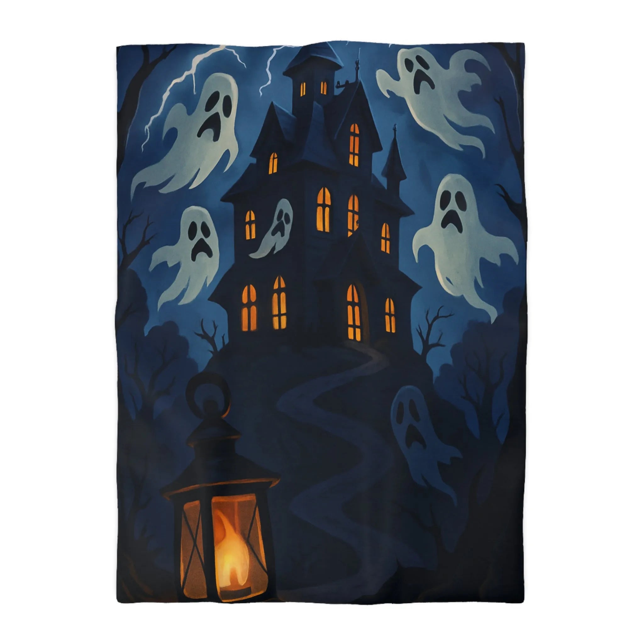 Housse de couette avec château hanté, fantômes, ciel orageux et lanterne mystérieuse