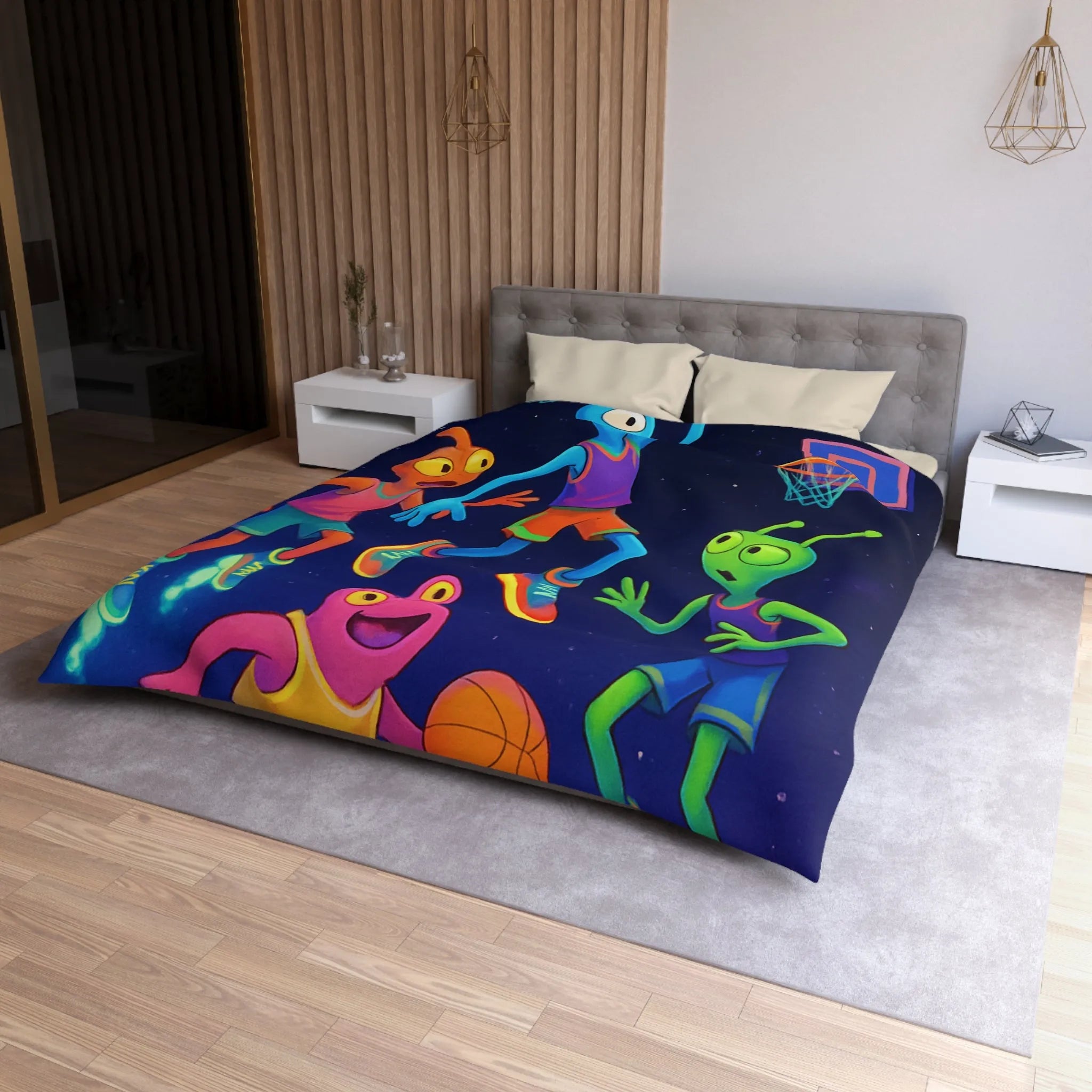 Housse de couette avec extraterrestres jouant au basket, ambiance lumineuse et amusante