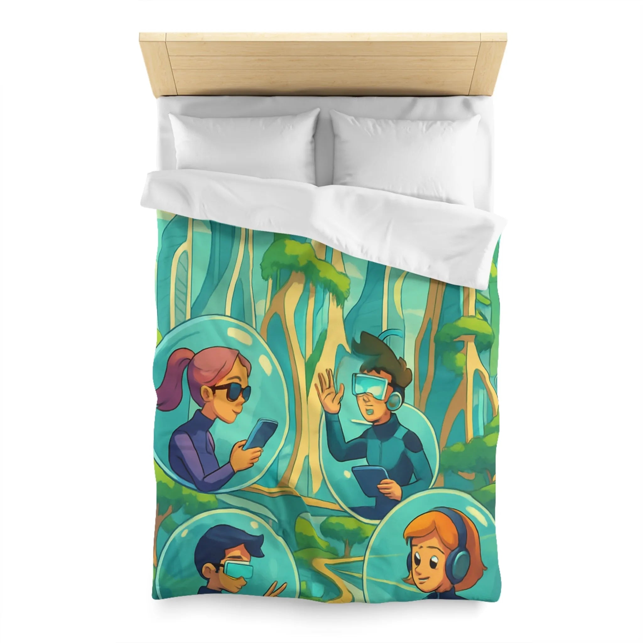 Housse de couette futuriste avec paysage urbain et personnages connectés en réalité augmentée