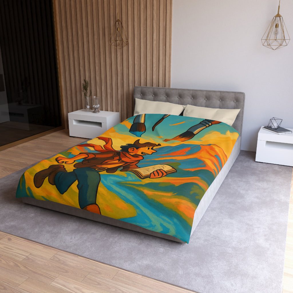 Housse de couette vibrante avec illustration de paysage montagnard et artiste joyeux