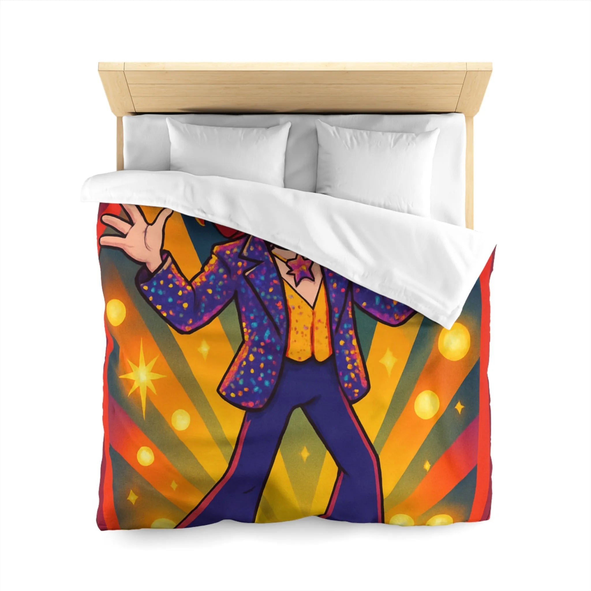 Housse de couette colorée avec personnage énergique sur scène, étoiles et rideaux rouges