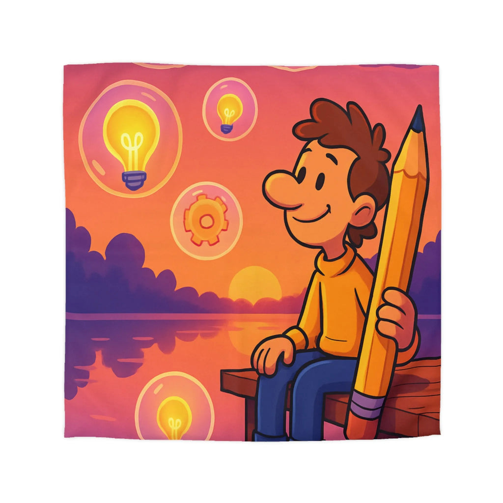 Housse de Couette Créative Avec Personnage Dessinant au Couchant et Ampoules Inspirantes