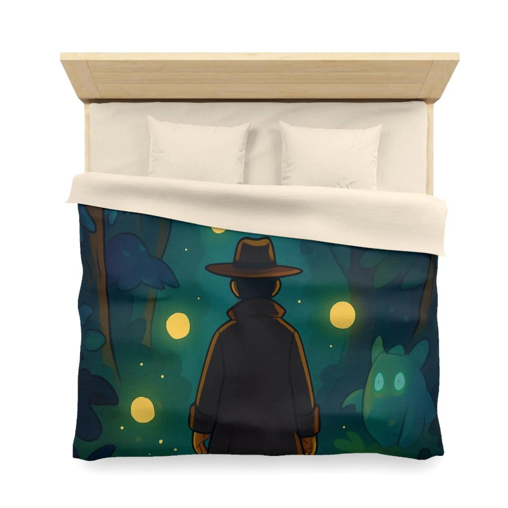 Housse de Couette Forêt Mystique avec Créatures Lumineuses et Promeneur en Chapeau