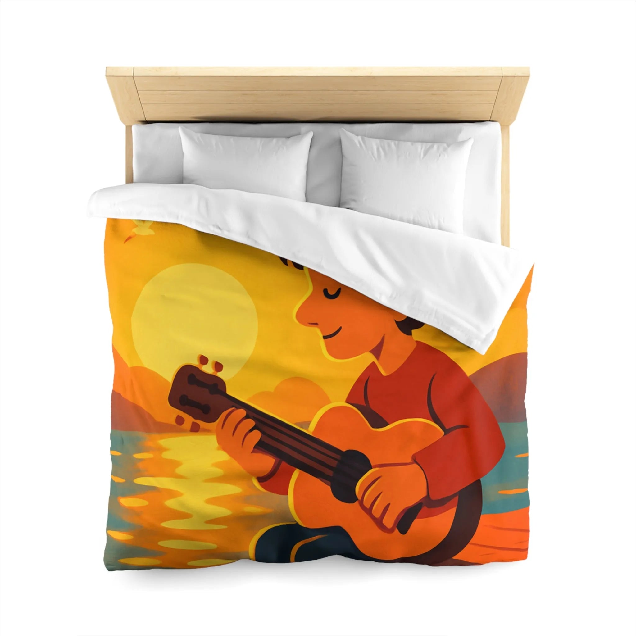 Housse de couette avec illustration relaxante d'un coucher de soleil et musicien