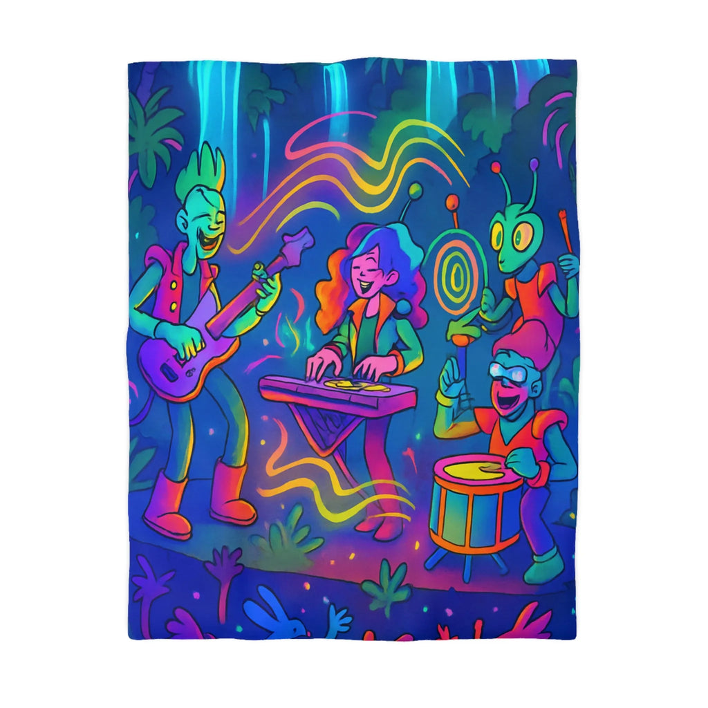 Housse de couette colorée avec une scène de concert de jungle néon vibrant