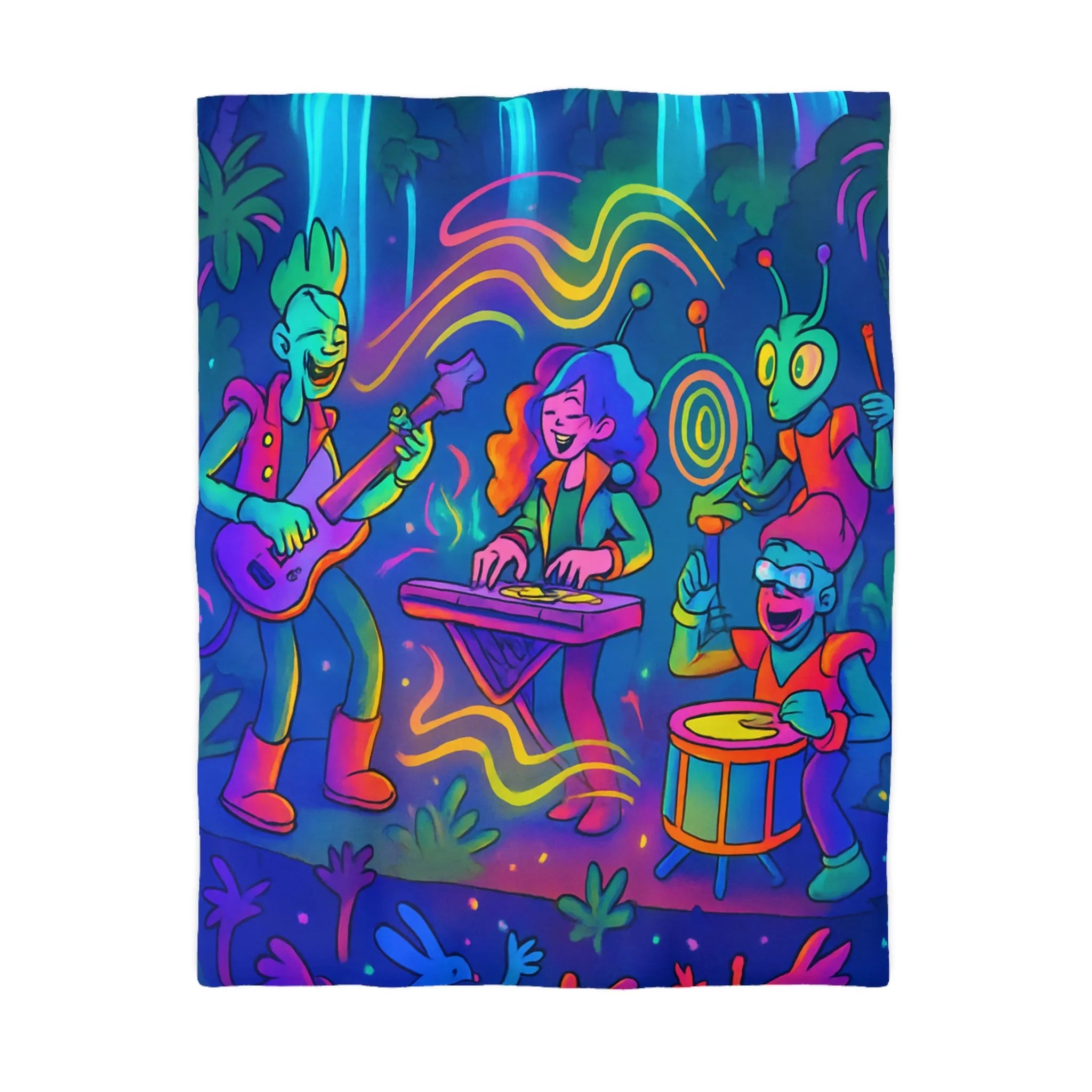 Housse de couette colorée avec une scène de concert de jungle néon vibrant