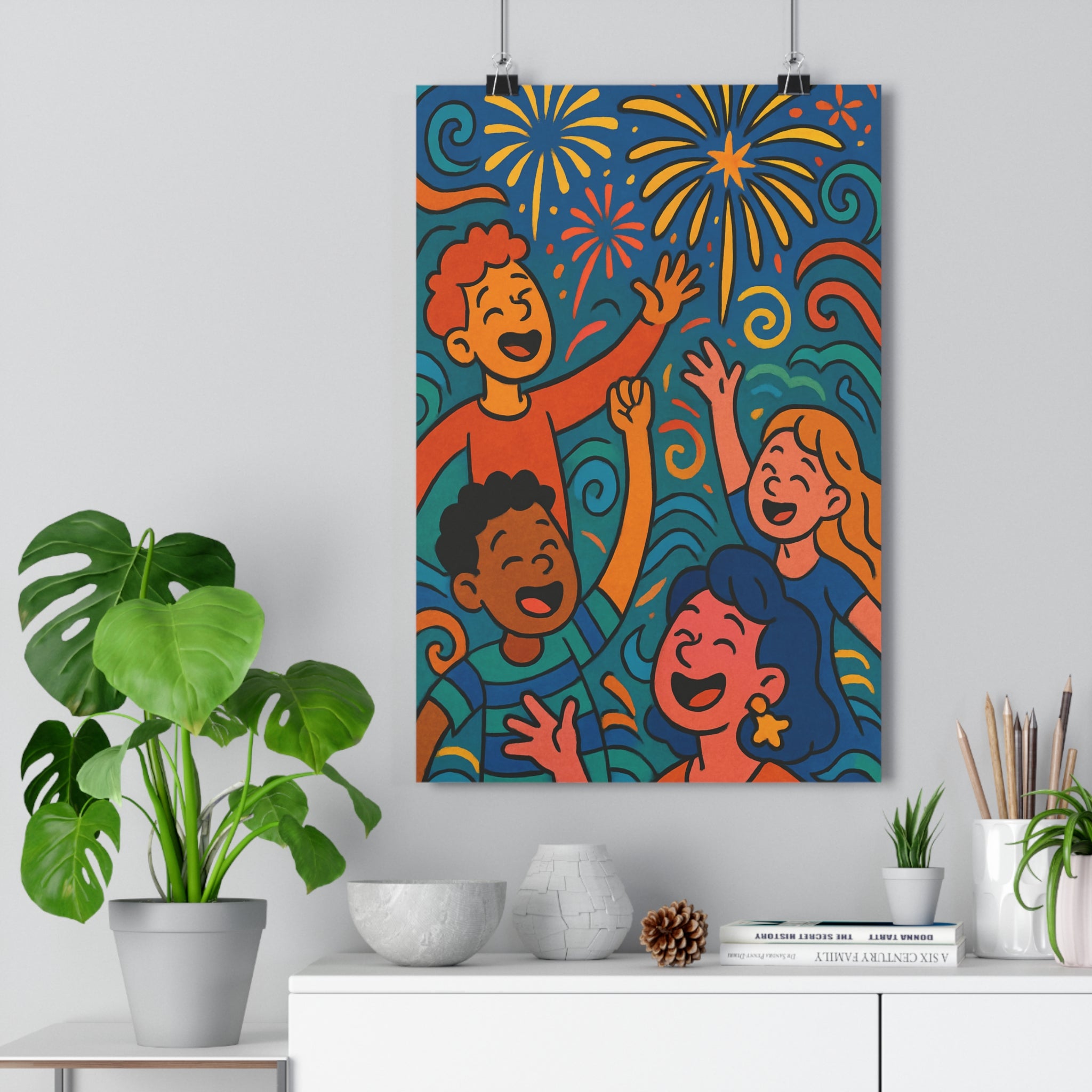 Poster décoratif moderne joyeux personnages couleurs vives bleu jaune salon chambre 30x46 ambiance festive