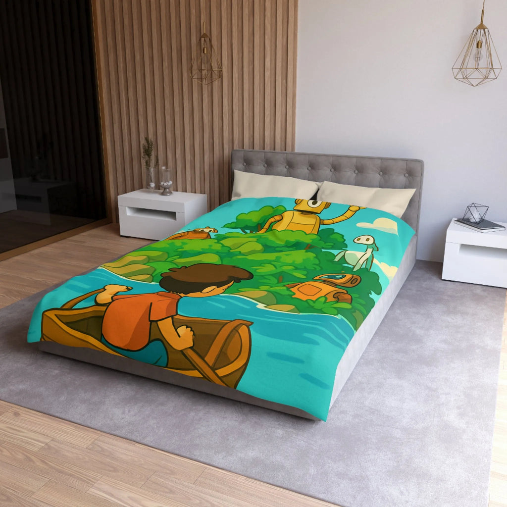 Housse de couette avec robots ludiques et enfant en bateau sur lac serein