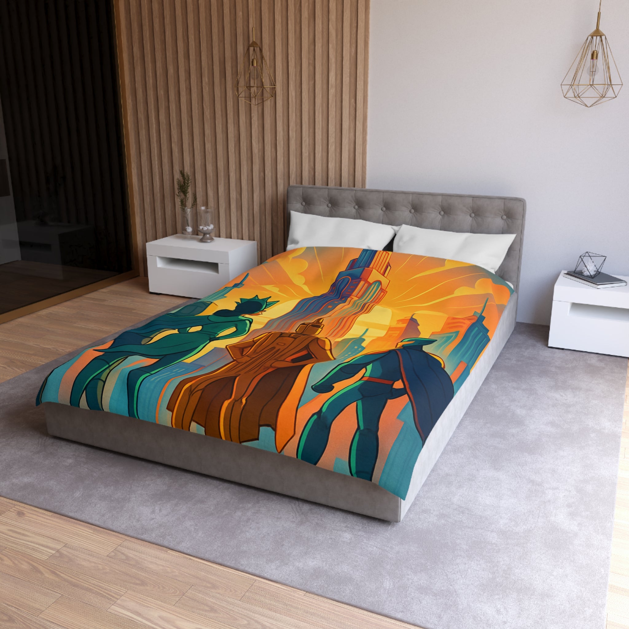 Super-héros courageux contemplant une ville moderne au lever du soleil urbain majestueux