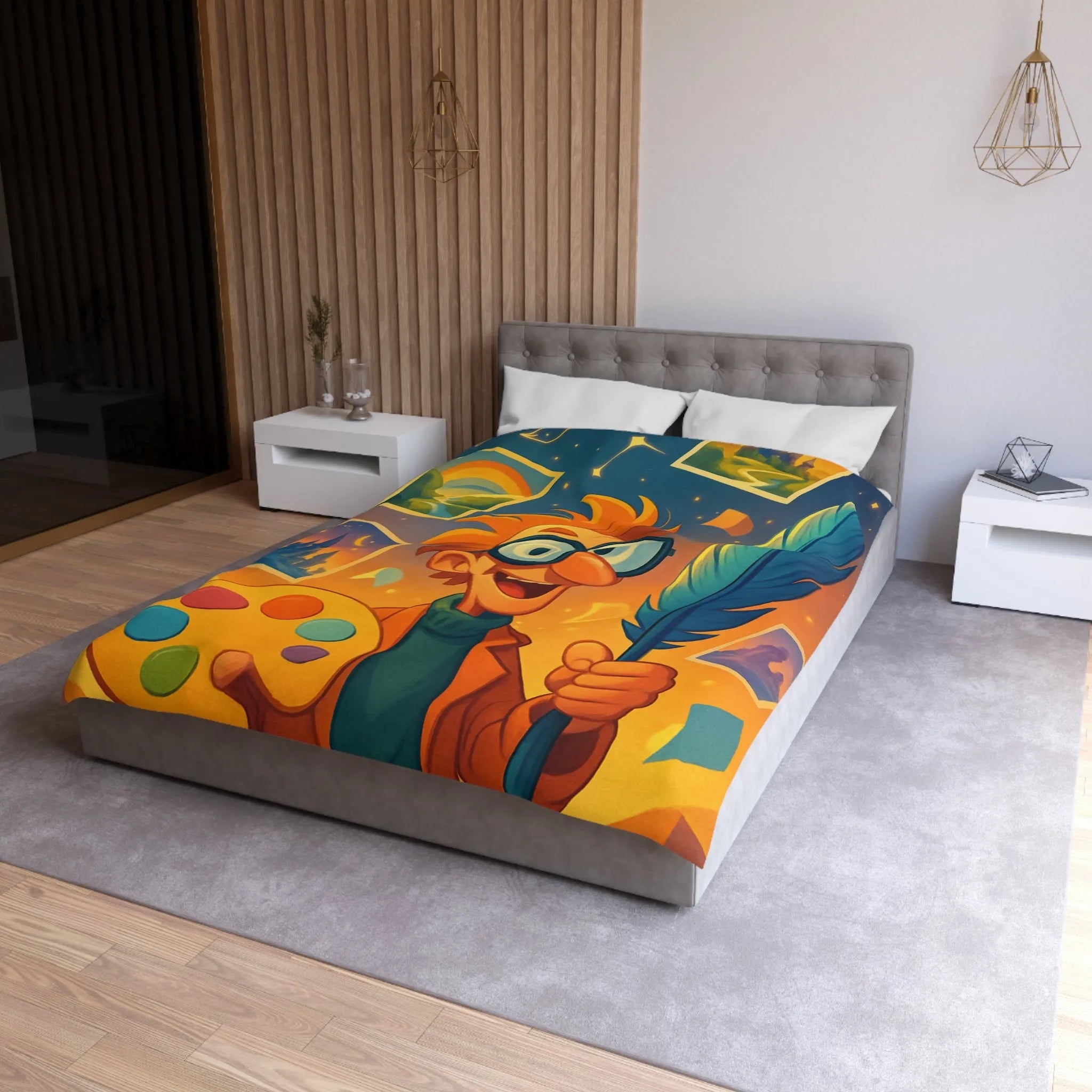 Housse de couette colorée avec paysage de conte de fées et artiste joyeux