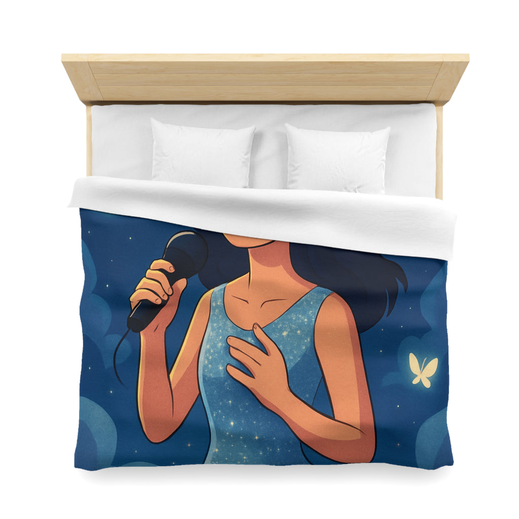 Housse de couette rêveuse avec chanteuse, papillons, lune et ciel étoilé bleu