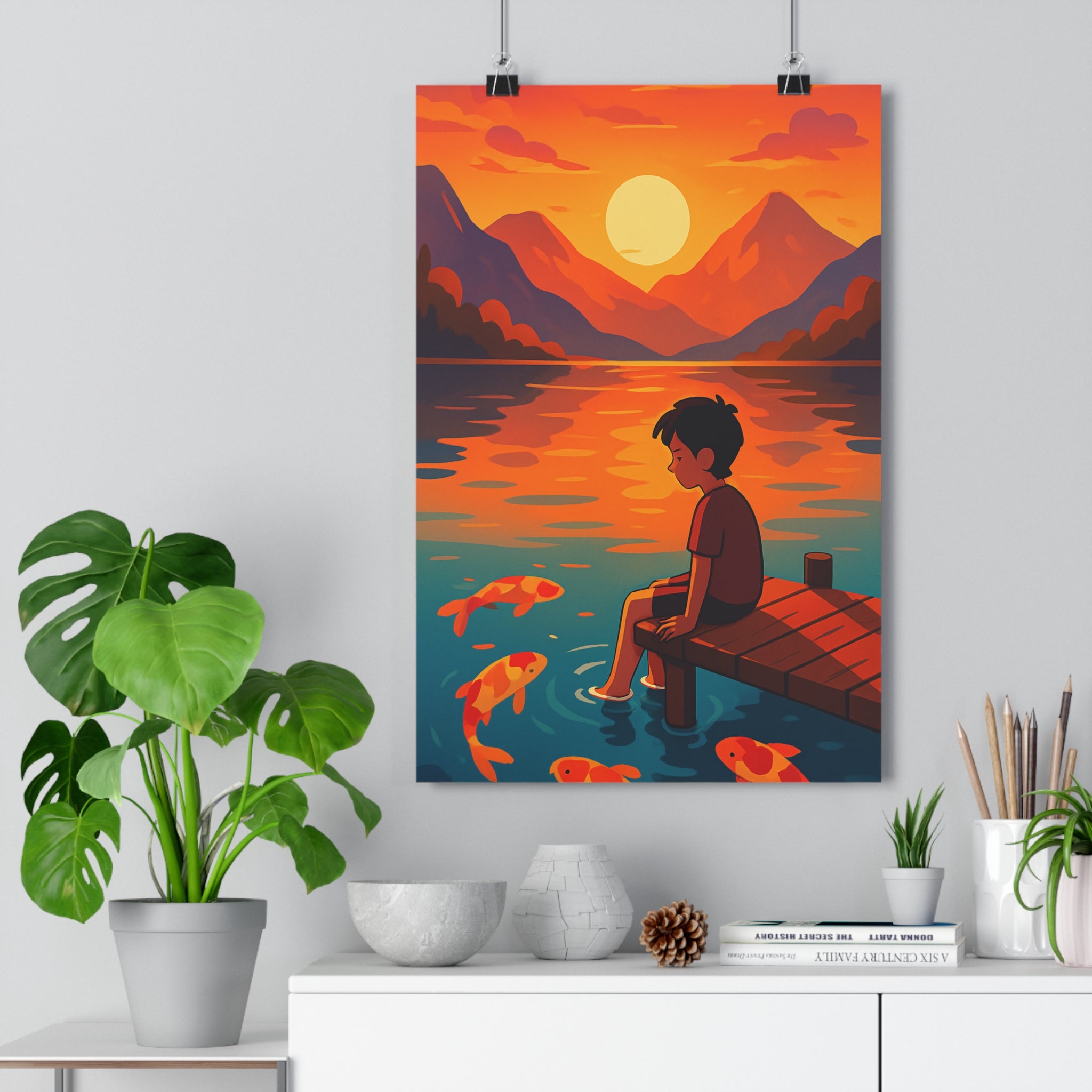 Poster décoratif animé rouge orange serein enfant ponton salon chambre bureau lac carpe 30x46