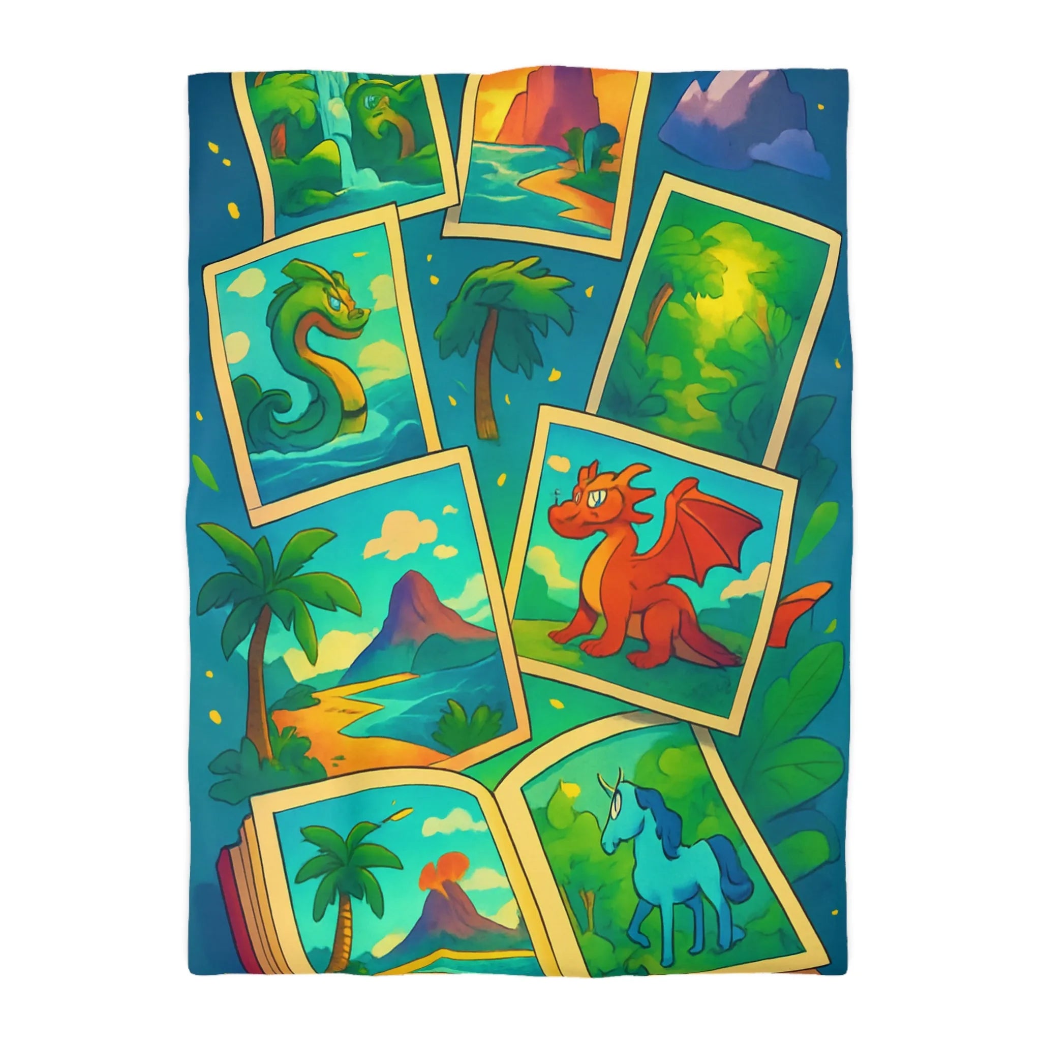 Housse de couette avec illustrations magiques de dragons, licornes et paysages enchanteurs