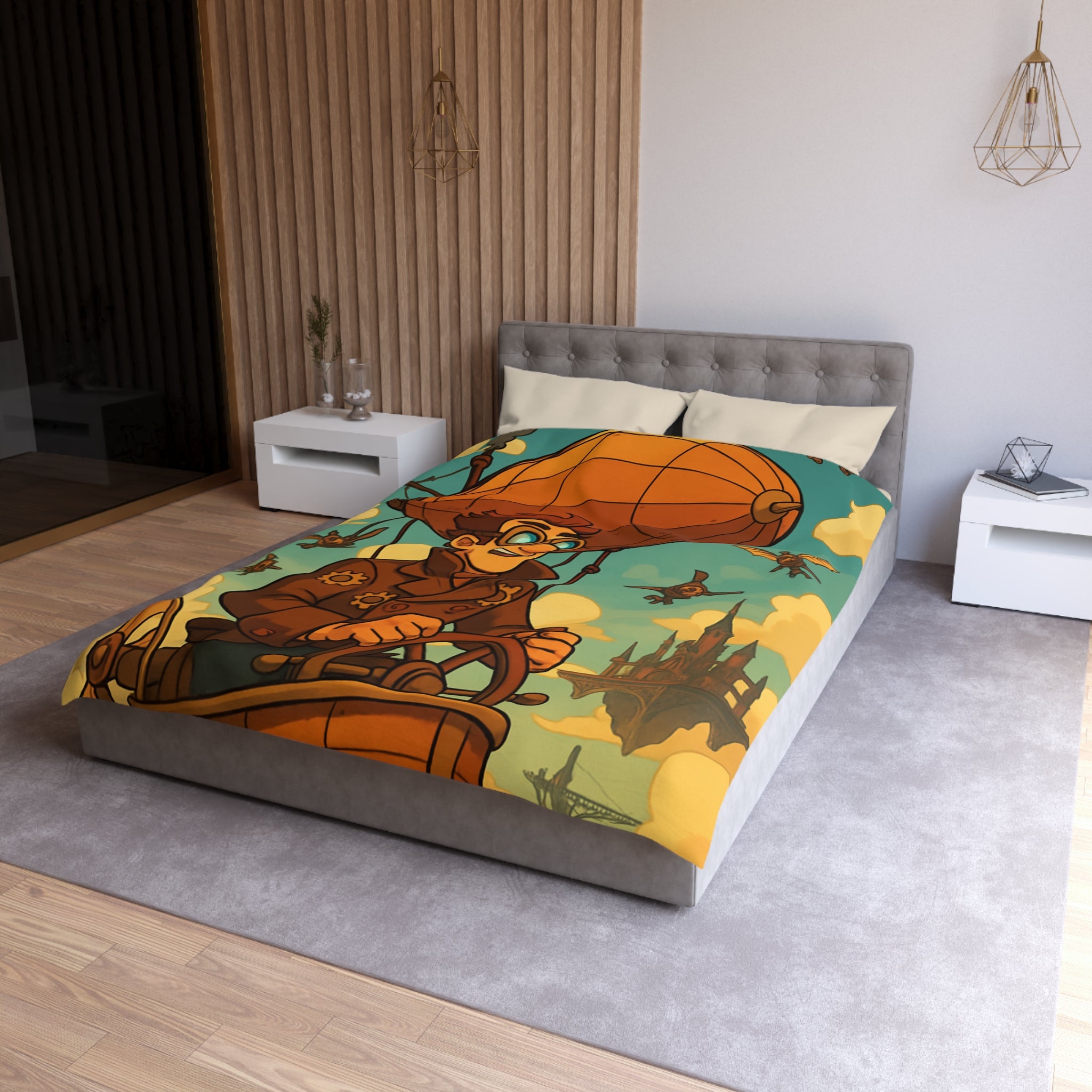 Housse de Couette Steampunk avec Ballon Dirigeable et Cité Volante dans le Ciel