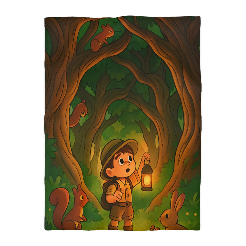 Housse de couette enfant forêt enchantée avec animaux mignons et garçon explorateur