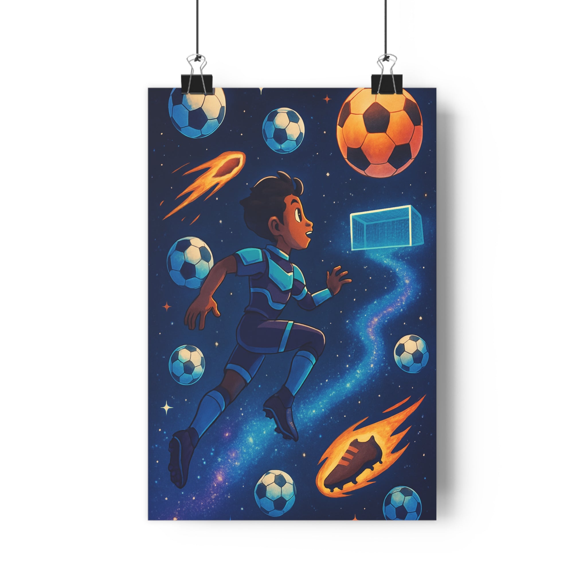 Poster décoratif dessin animé bleu orange chambre football cosmique aventure dynamique enfant garçon format