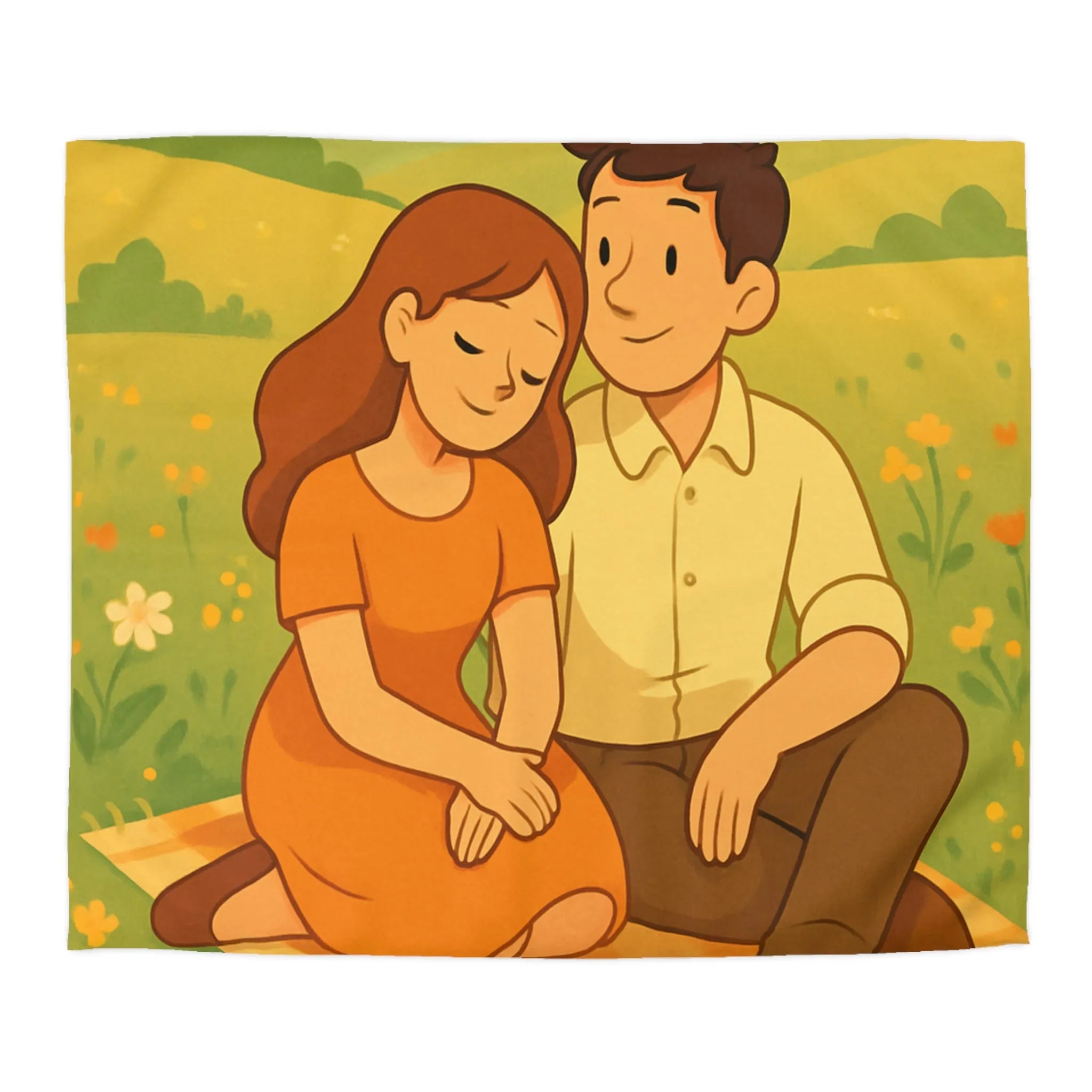 Housse de couette bucolique : couple romantique dans un champ fleuri en été