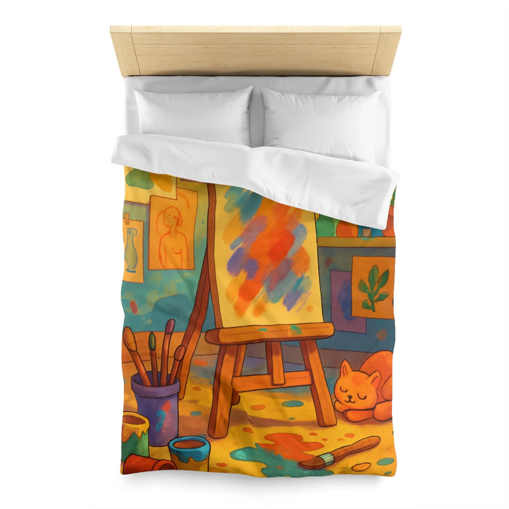 Housse de couette artistique colorée avec chevalet et chat pour une chambre cosy