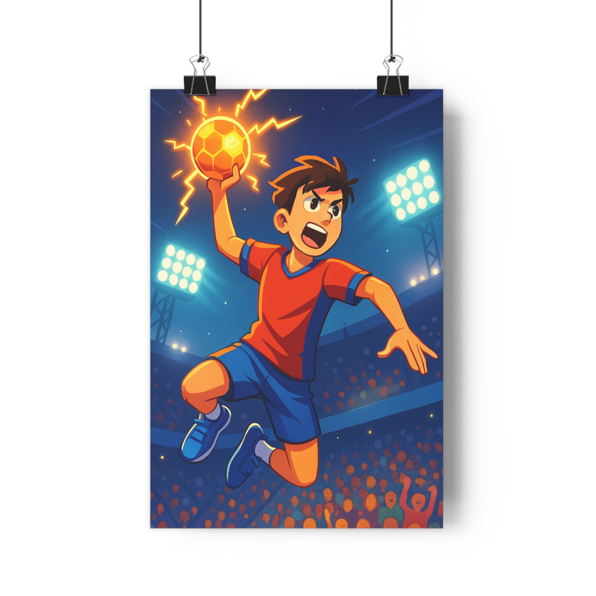 Poster décoratif handball cartoon dynamique orange bleu sportif vibrant chambre enfant énergie lumière stade