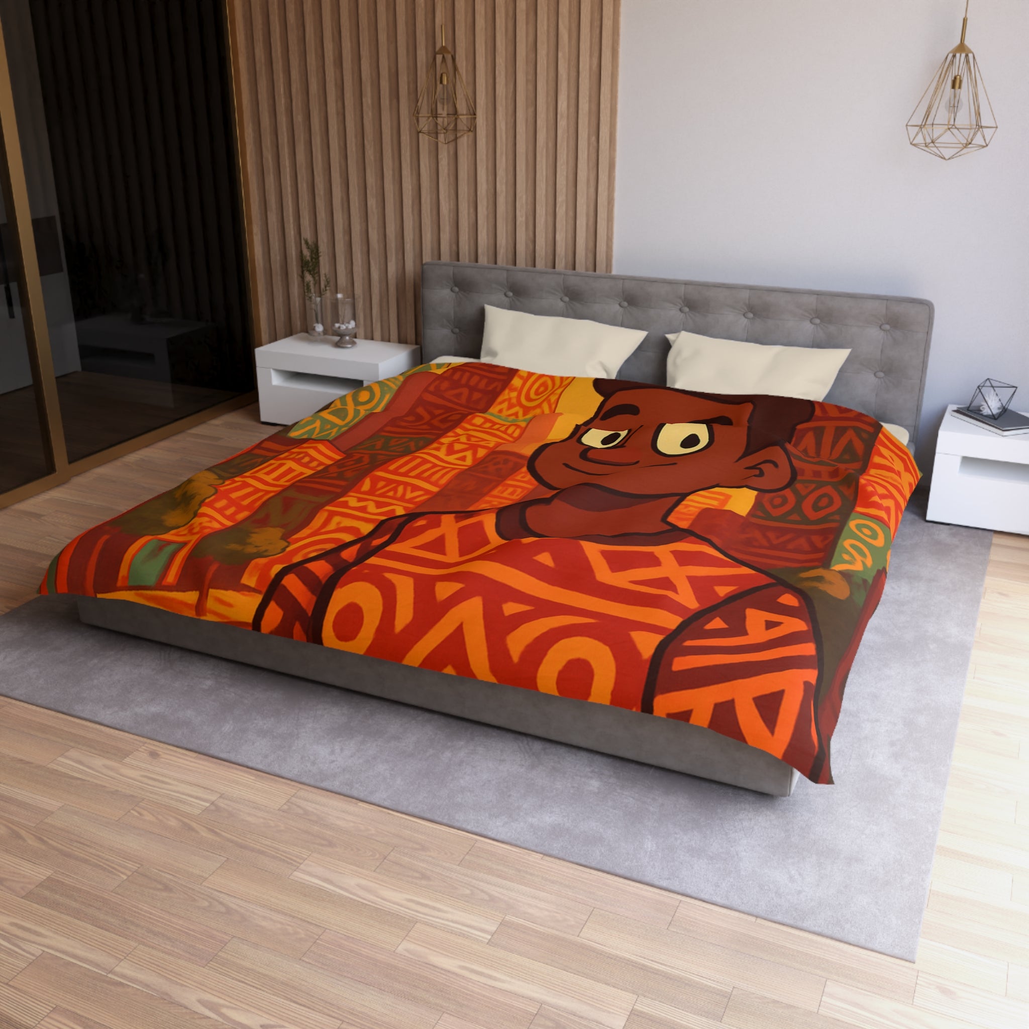 Housse de Couette Personnage Souriant avec Motifs Géométriques et Gratte-Ciel Colorés