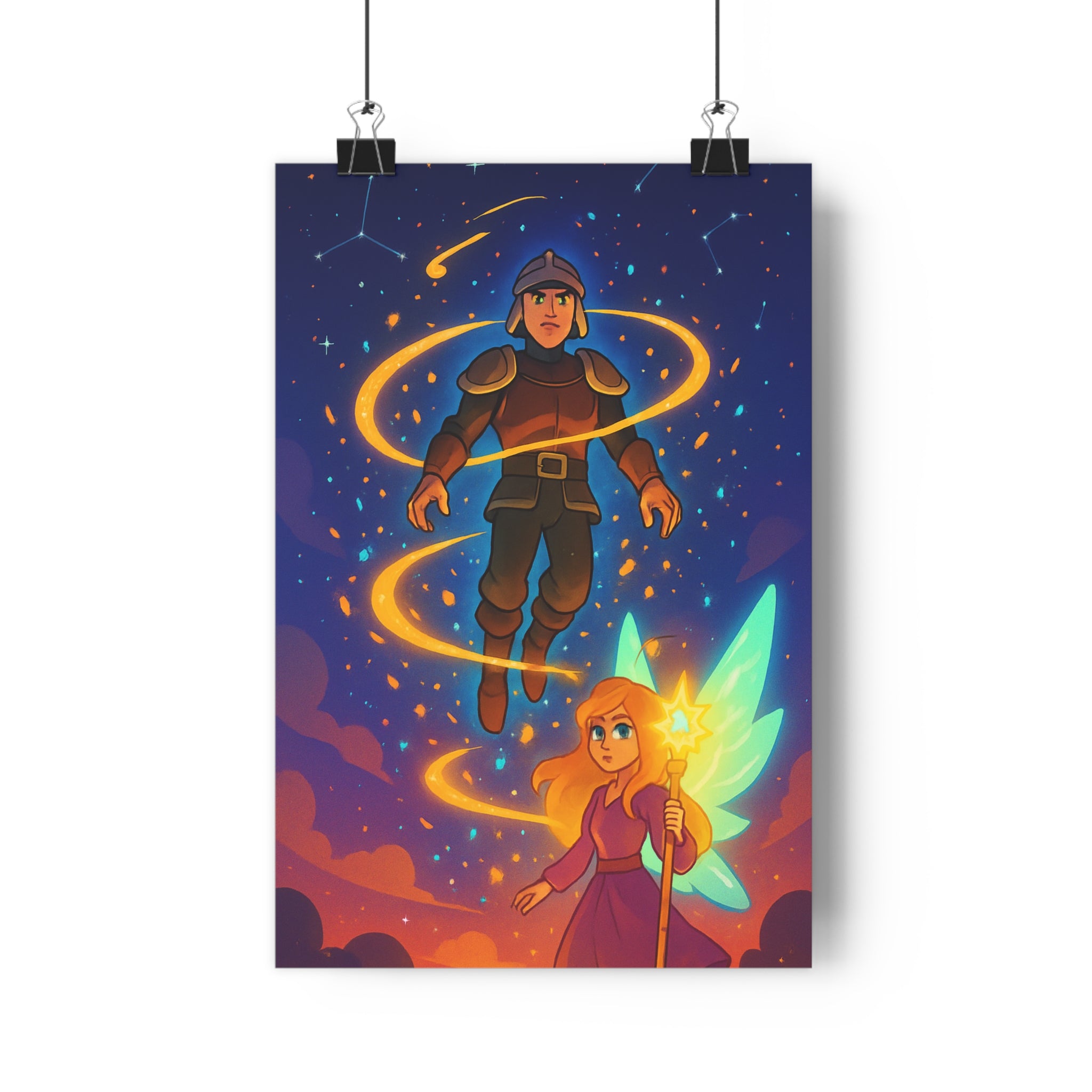 Poster décoratif mystique art céleste bleu orange chambre salon ambiance magique guerrier féminin lumineux