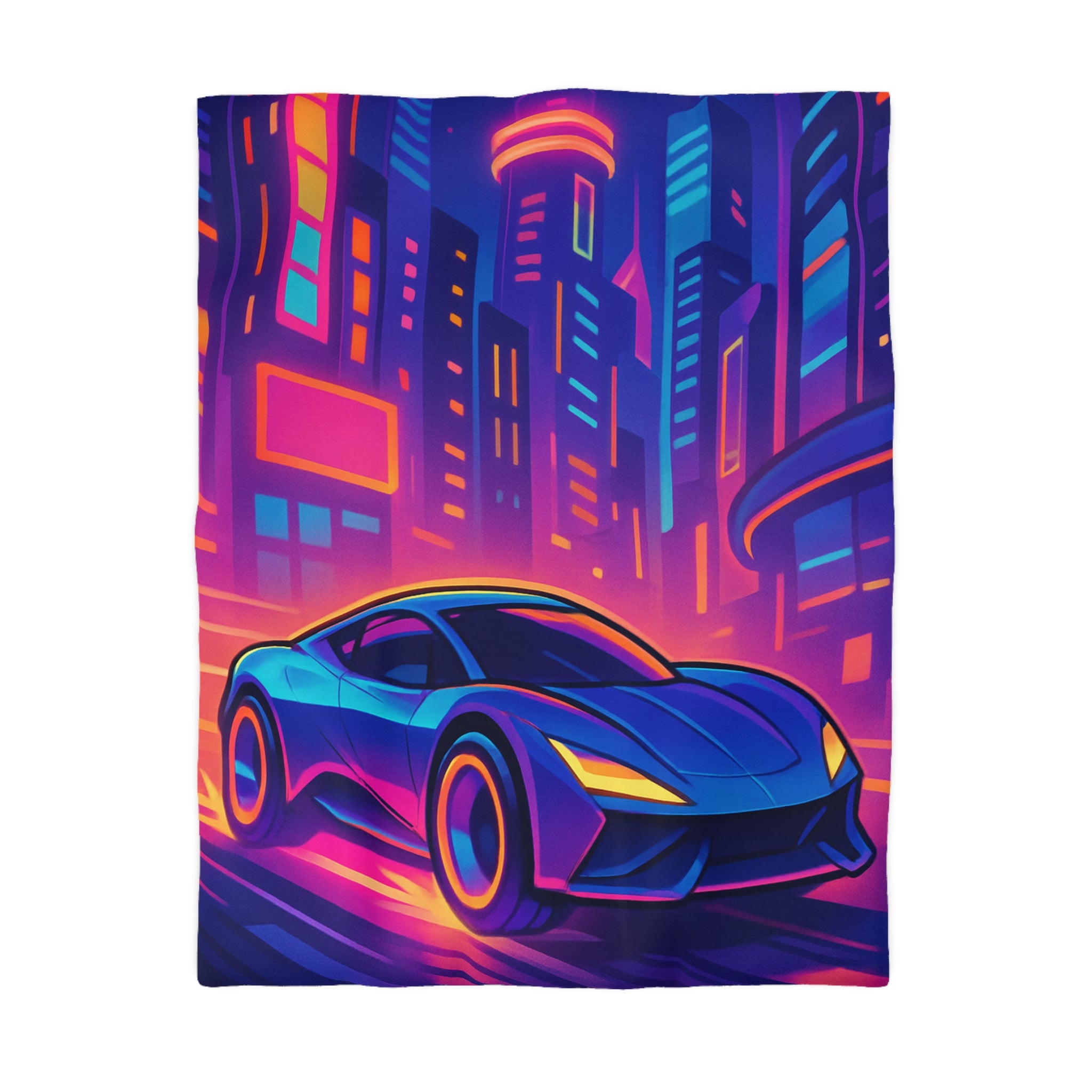 Housse de couette voiture néon sur fond de ville futuriste aux couleurs vibrantes